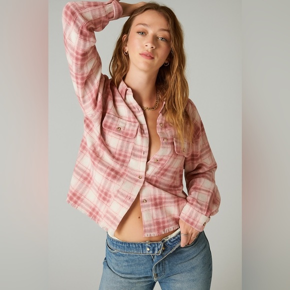 LUCKY BRAND PLAID FRINGE BUTTON DOWN SHIRT - Picture 1 of 6